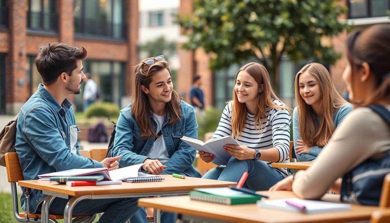 Students studying together in modern classroom